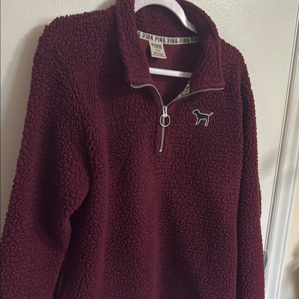 SOLD PINK Victoria's Secret Maroon Sherpa Quarter-Zip Sweater